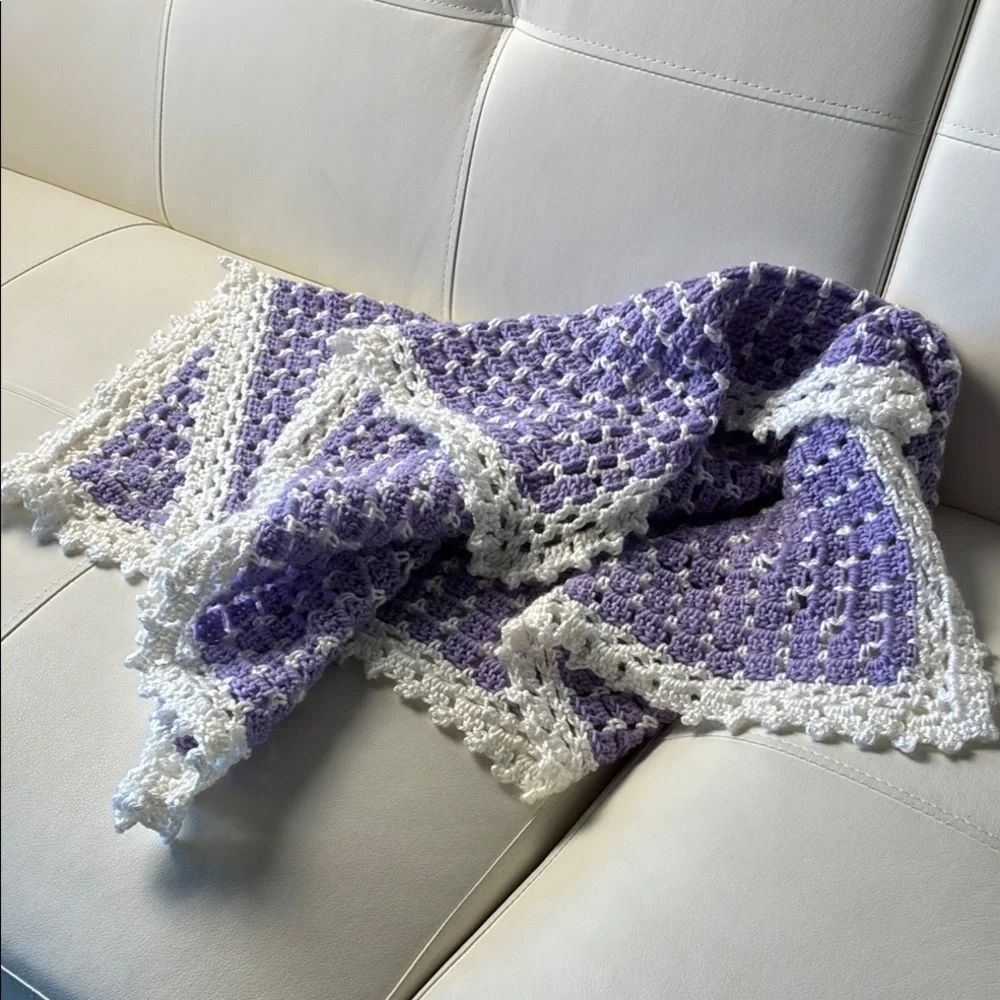 Handmade Purple and White Crochet Throw Blanket